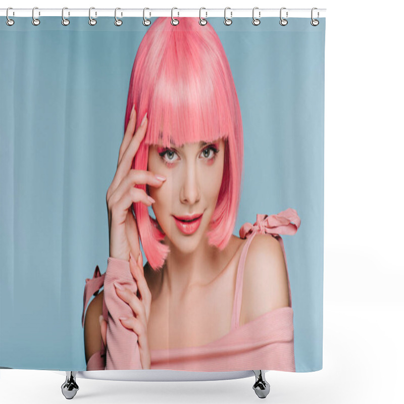 Personality  Attractive Fashionable Girl Posing In Pink Wig Isolated On Blue Shower Curtains