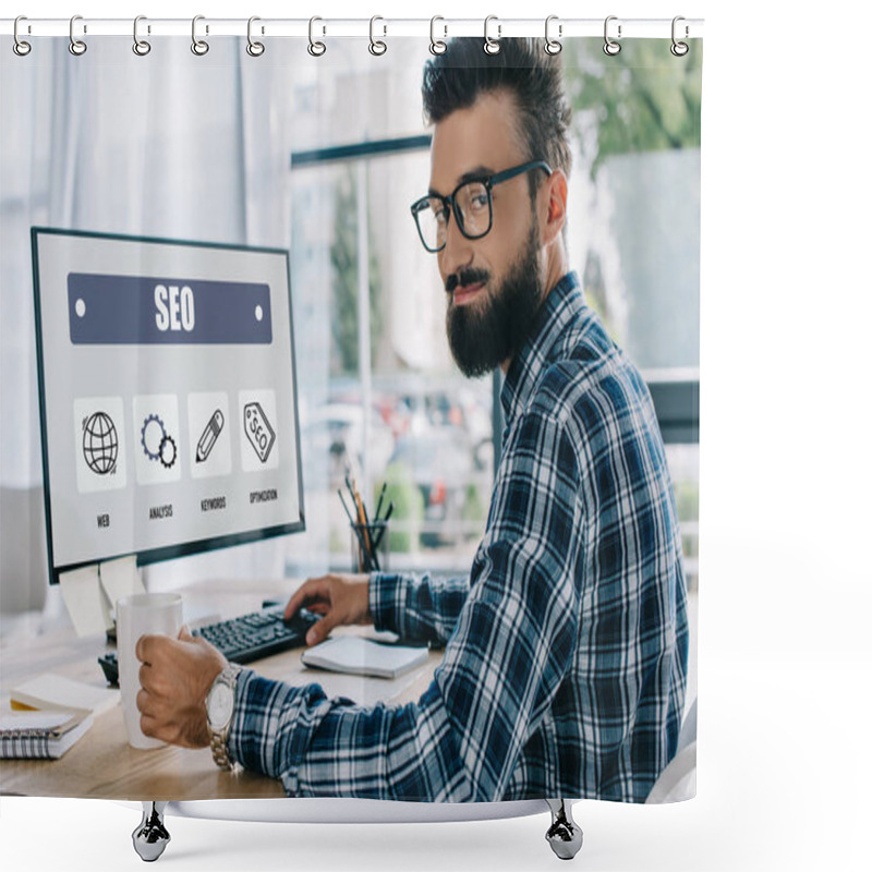 Personality  Young Successful Seo Manager Sitting At Workplace With Computer And Looking At Camera Shower Curtains