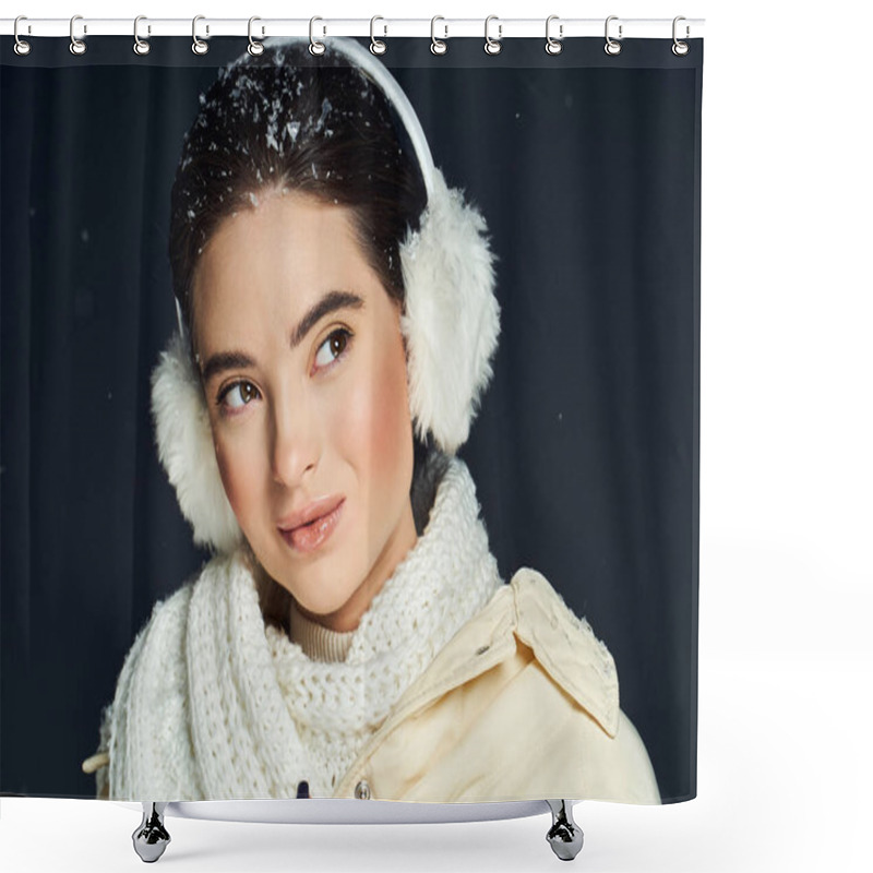 Personality  A Woman Radiates Warmth And Confidence Amid Falling Snow While Bundled In Winter Clothing. Shower Curtains