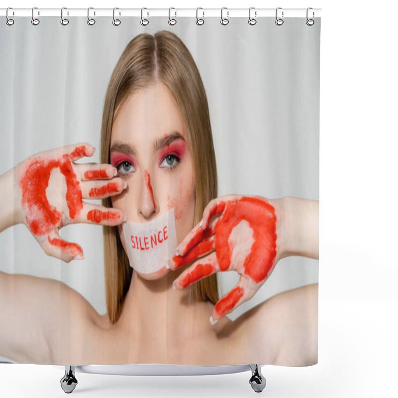 Personality  Young Woman With Paint On Hands And Lettering Silence On Paper On Mouth Isolated On Grey  Shower Curtains