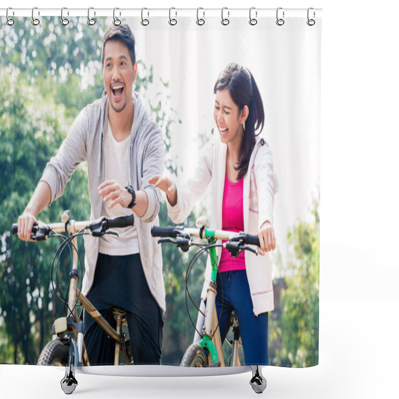 Personality  Young Asian Couple Laughing Together While Riding Bicycles Outdoors In Summer  Shower Curtains