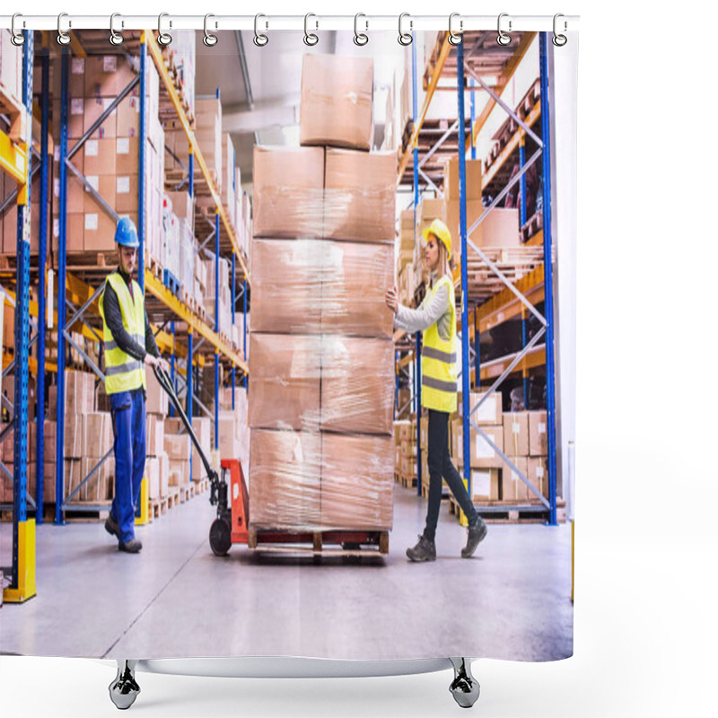 Personality  Warehouse Workers Pulling A Pallet Truck. Shower Curtains