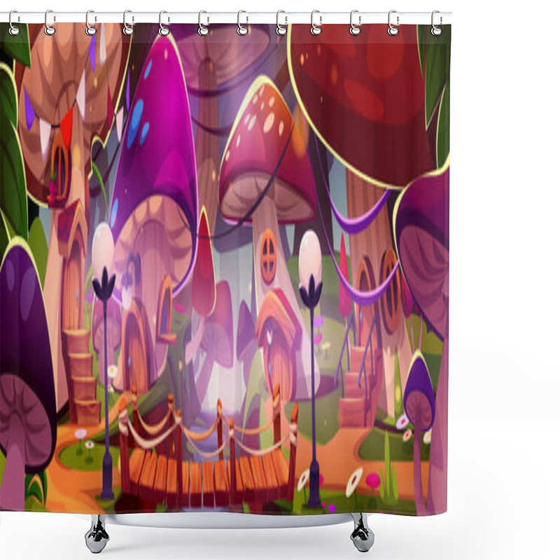 Personality  Fairytale Gnome Village In Forest. Vector Cartoon Illustration Of Mushroom Houses, Wooden Bridge And Lanterns, Flowers On Green Grass In Fantasy Woods, Magic Elf Town, Enchanted Scenery, Game Design Shower Curtains