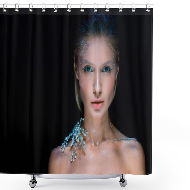 Personality  Attractive Young Woman With Winter Make Up Looking At Camera Isolated On Black Shower Curtains