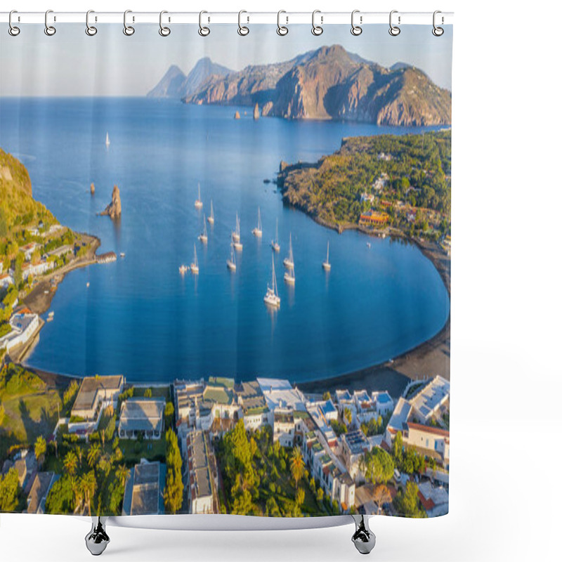 Personality  Aerial View Photo From Flying Drone Of The Black Sand Beach With Yachts In Small Haven In Porto Di Ponente, In Vulcano, Italy On A Summer At Beautiful Day With Blue Sky (series) Shower Curtains