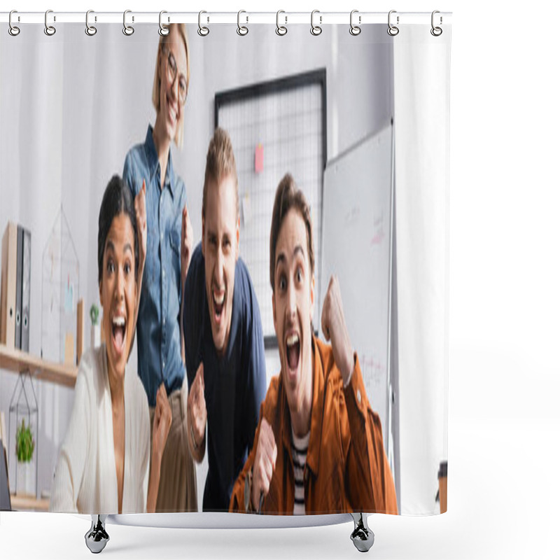 Personality  Excited Multiethnic Business Colleagues Screaming And Showing Win Gesture, Banner Shower Curtains