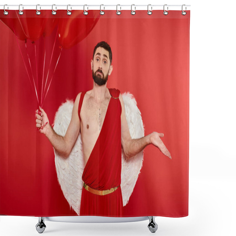 Personality  Bearded Man In Cupid Costume With Heart-shaped Balloons Showing Shrug Gesture On Red Backdrop Shower Curtains