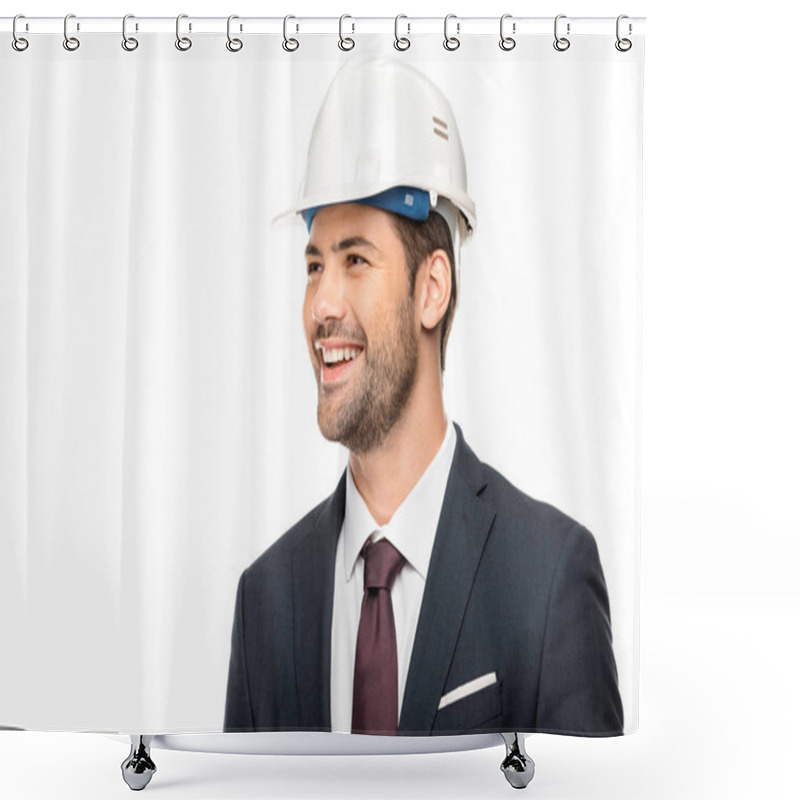 Personality  Portrait Of Smiling Young Male Architect Looking Away Isolated On White  Shower Curtains