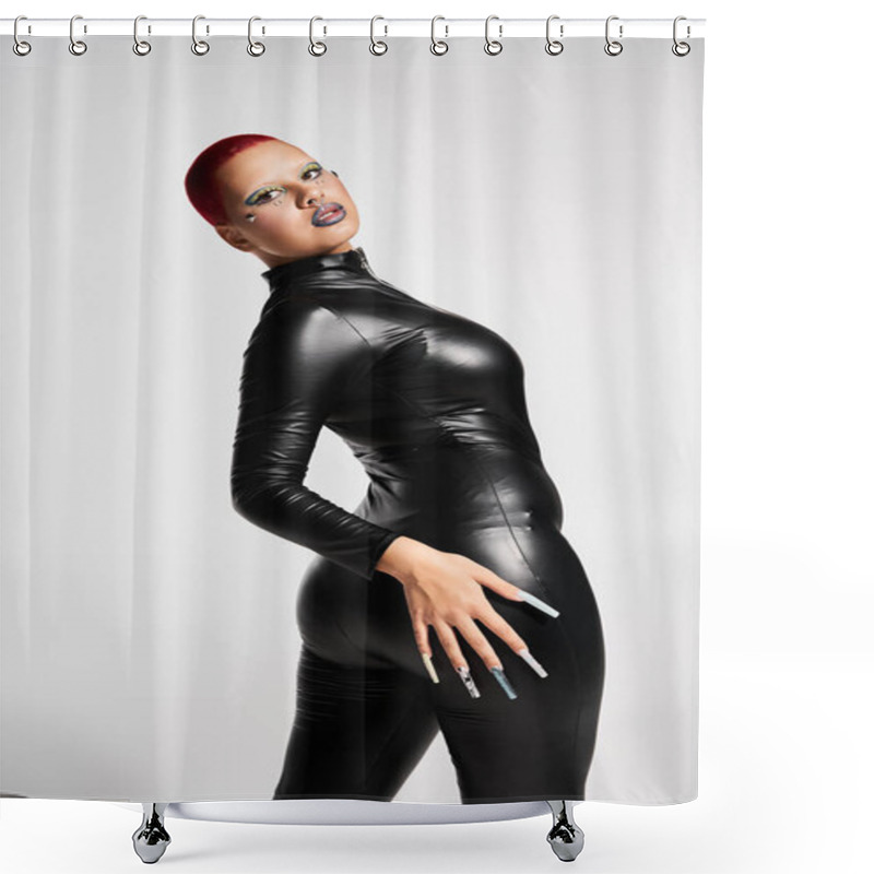 Personality  This Confident Young Woman With Short Pink Hair Showcases Bold Fashion And Individuality In A Striking Pose. Shower Curtains