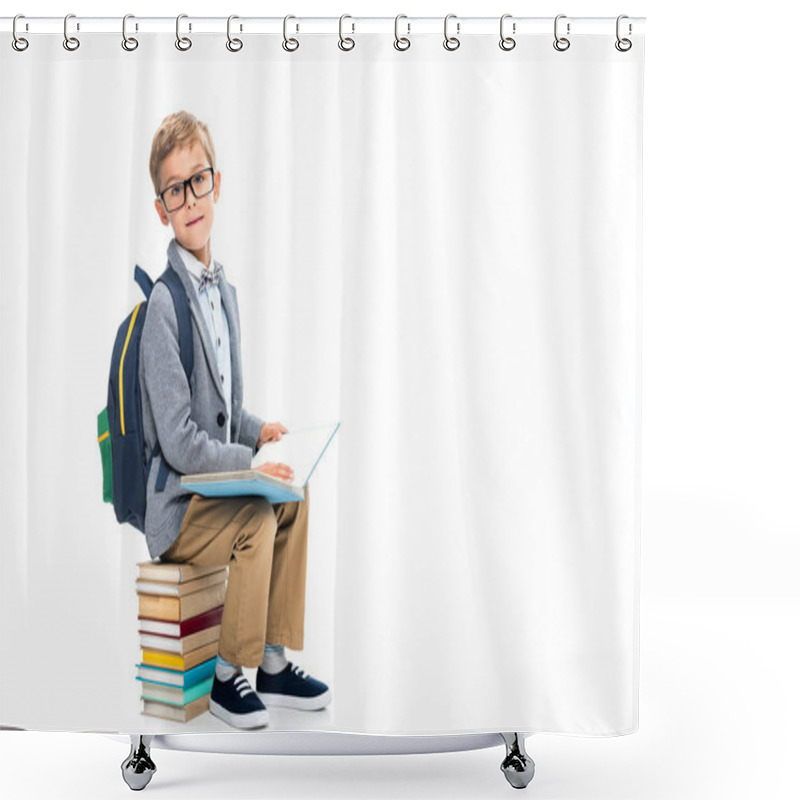 Personality  Schoolboy Sittting On Stack Of Books And Reading Shower Curtains