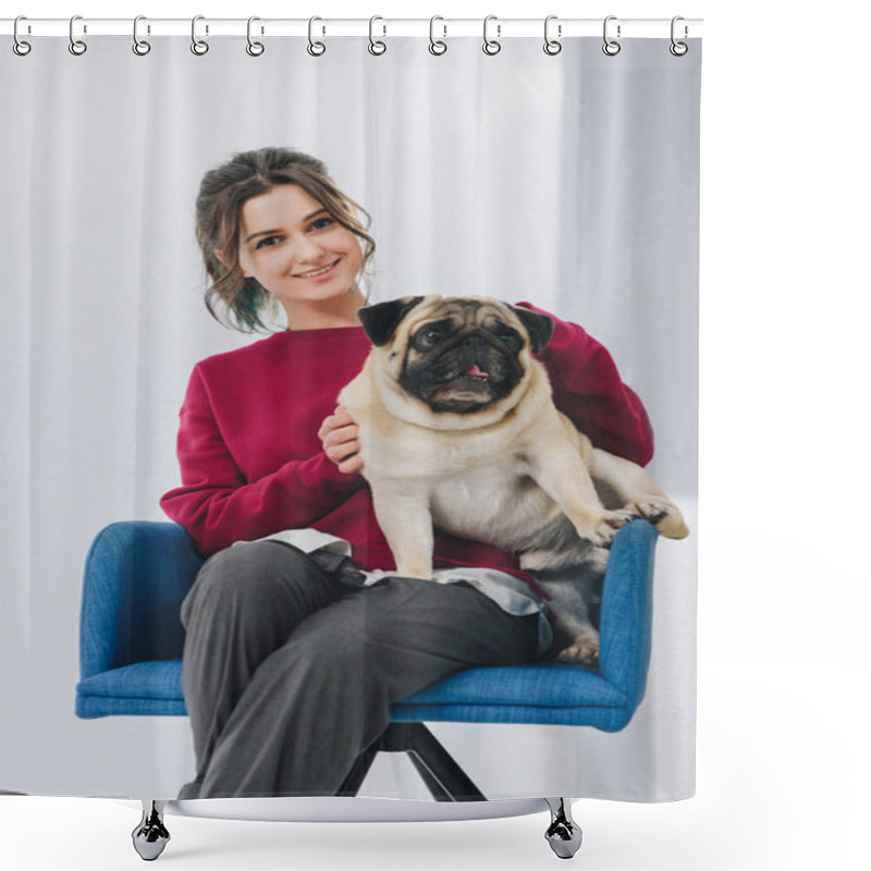 Personality  Attractive Young Girl Hugging Pug Dog Shower Curtains