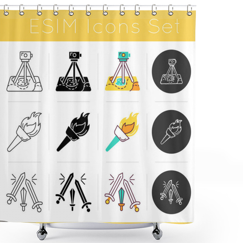 Personality  Archeology Icons Set. Field Survey. Cartography. Flaming Medieval Torch. Flambeau. Sword Fight. Topographic Research. Flat Design, Linear, Black And Color Styles. Isolated Vector Illustrations Shower Curtains