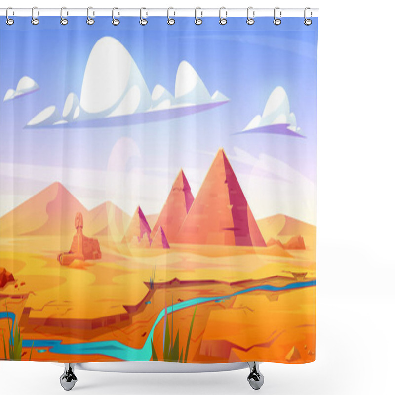 Personality  Drought In Egyptian Desert With Ancient Pyramids And Antique Sphinx Statue On Bank Of Almost Dry River. Vector Cartoon Illustration Of Sandy Valley Landscape With Dunes, Pharaoh Tombs. Global Warming Shower Curtains