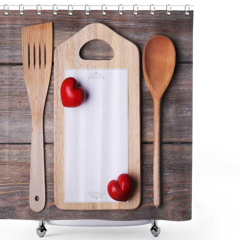 Personality  Cutting Board With Menu Sheet Of Paper And Hearts On Rustic Wooden Planks Background Shower Curtains