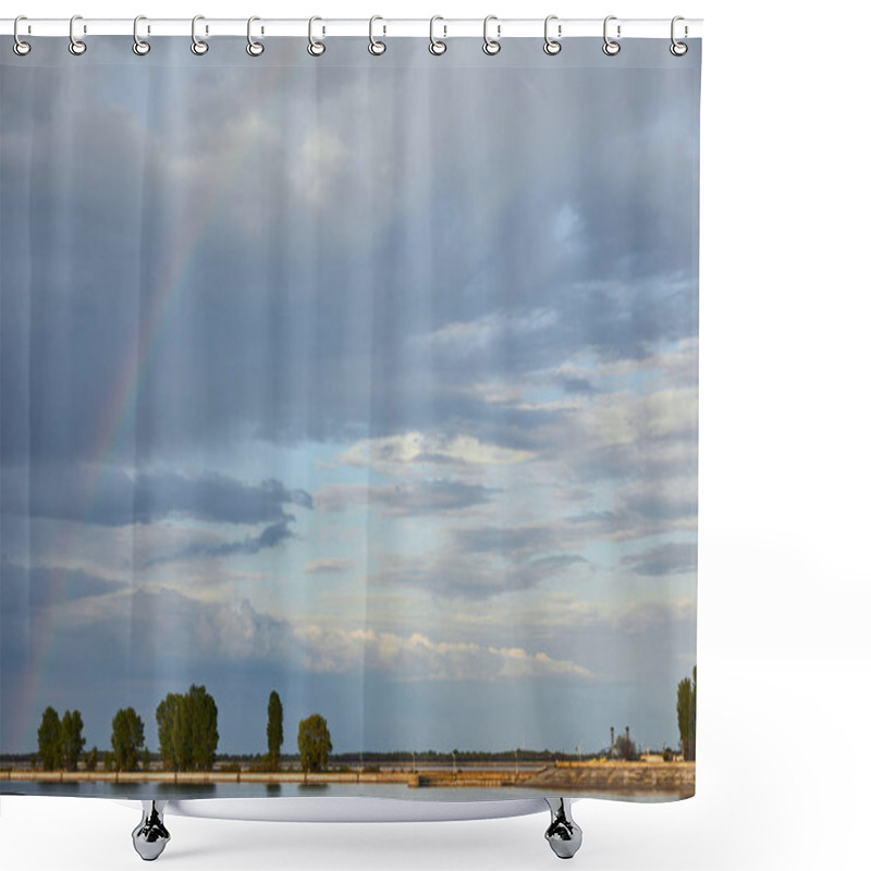 Personality  Landscape Of Blue Sunlight Sky, Rainbow, River And Coast With Trees Shower Curtains