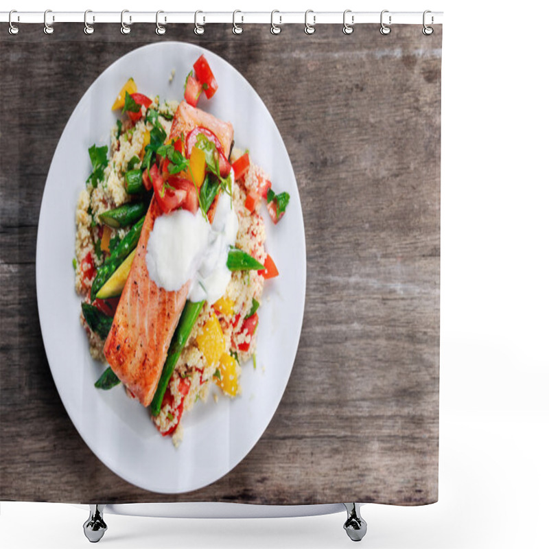 Personality  Pan Fried Salmon With Tender Asparagus, Courgette Served On Couscous Mixed With Sweet Tomato, Yellow Pepper, With Greek Yogurt On Old Wooden Table. Shower Curtains