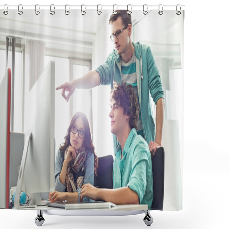 Personality  Businessman Showing Something To Colleagues Shower Curtains