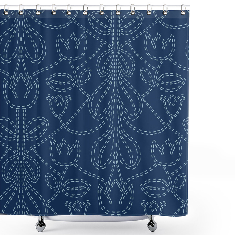 Personality  Floral Motif Sashiko Style Japanese Needlework Seamless Vector Pattern. Shower Curtains