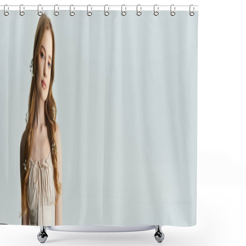 Personality  A Lovely Girl Stands Gracefully, Embellished With Fresh Blooms In Her Hair. Shower Curtains