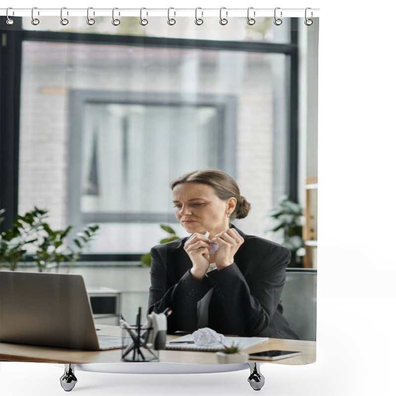 Personality  Middle-aged Woman Experiences Stress Working On Laptop At Desk. Shower Curtains