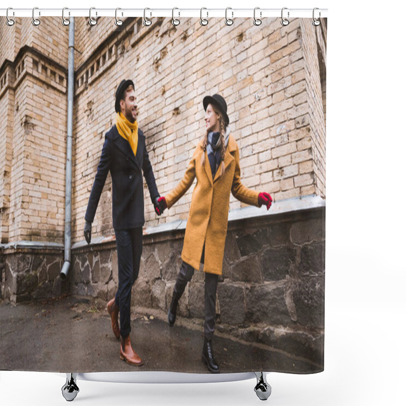 Personality  Cute Young Couple Holding Hands And Running Beside Old Building Shower Curtains