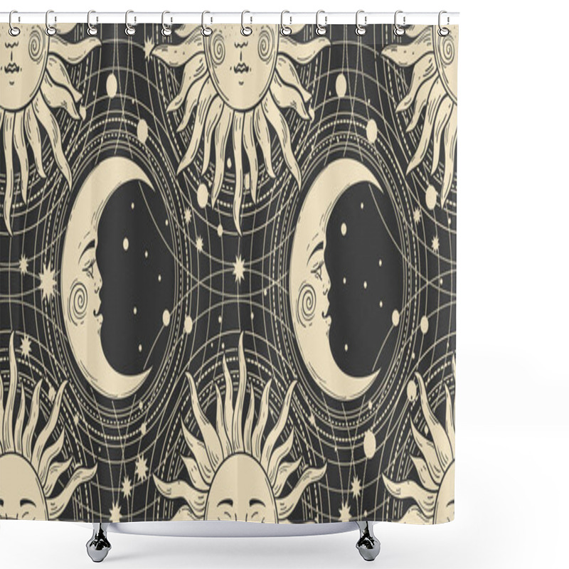 Personality  Seamless Pattern With A Golden Sun With A Face And A Crescent On A Black Background, Galaxy, Moon, Stars. Mystical Ornament In The Old Vintage Style. Vector Illustration. Shower Curtains