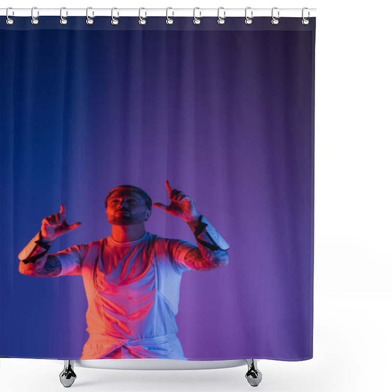 Personality  A Man With Smart Glasses Stands Confidently Against A Vibrant Purple And Blue Backdrop In A Studio Setting. Shower Curtains