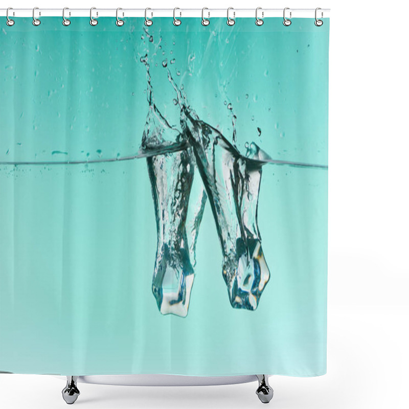 Personality  Ice Cubes Falling In Water With Splash On Turquoise Background Shower Curtains