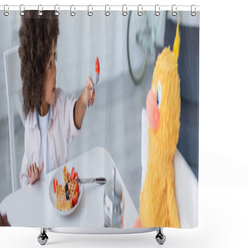 Personality  African American Child Proposing Strawberry To Toy Chick During Breakfast In Kitchen, Banner Shower Curtains