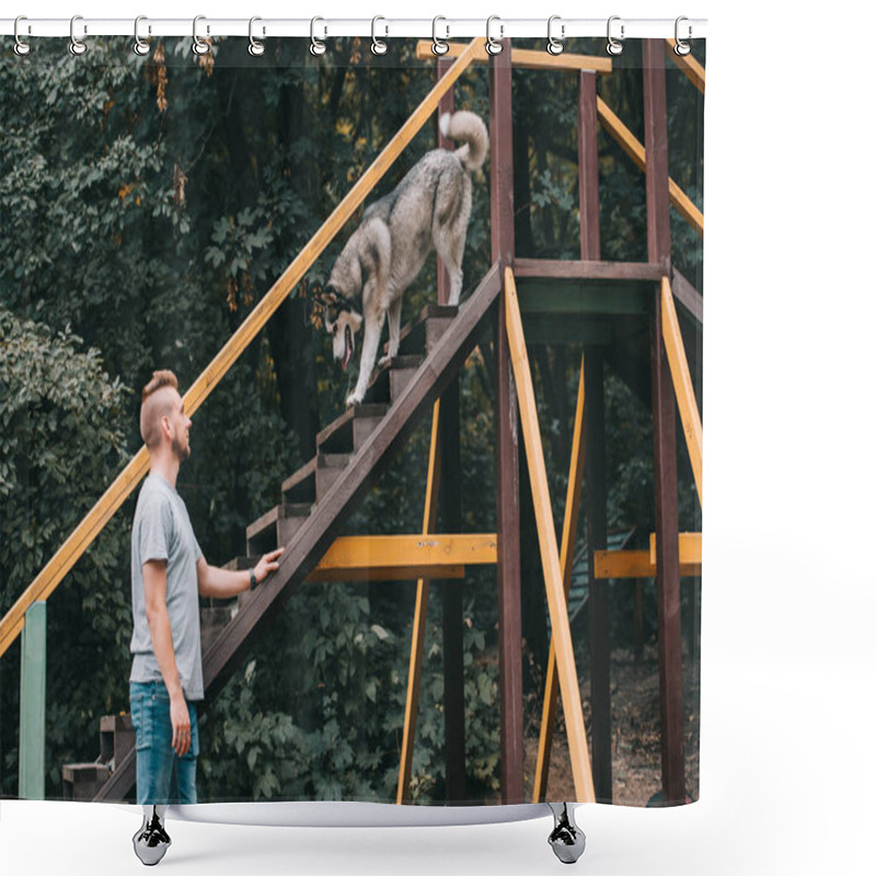 Personality  Cynologist With Obedient Husky Dog On Stairs Obstacle  Shower Curtains