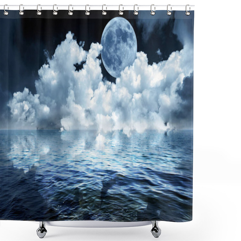 Personality  Big Full Moon In Night Sky Over The Ocean Reflecting In Calm Water Shower Curtains