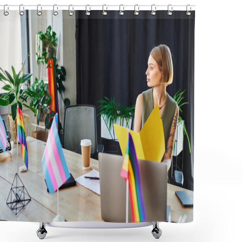 Personality  A Person Sits Thoughtfully At A Conference Table Surrounded By Pride Flags And Greenery. Shower Curtains