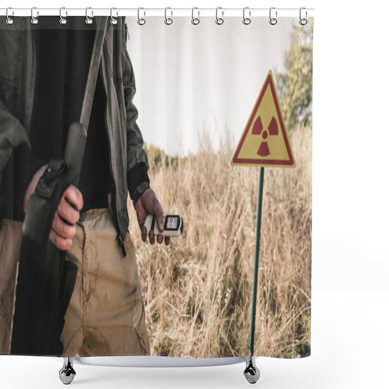 Personality  Cropped View Of Man Holding Radiometer And Gun Near Toxic Symbol, Post Apocalyptic Concept Shower Curtains