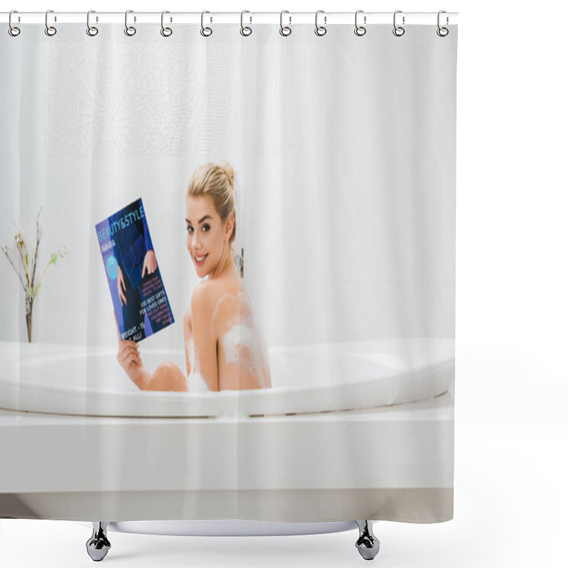 Personality  Attractive And Smiling Woman Taking Bath With Foam And Holding Beauty And Style Magazine In Bathroom  Shower Curtains