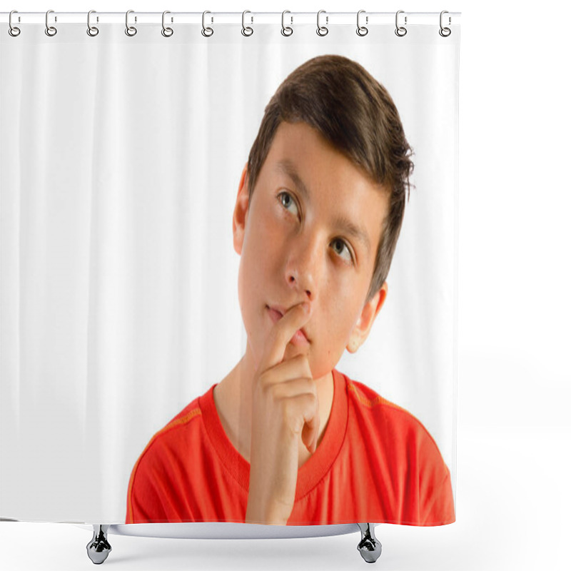 Personality  Young Teenage Boy Isolated On White Thinking Shower Curtains