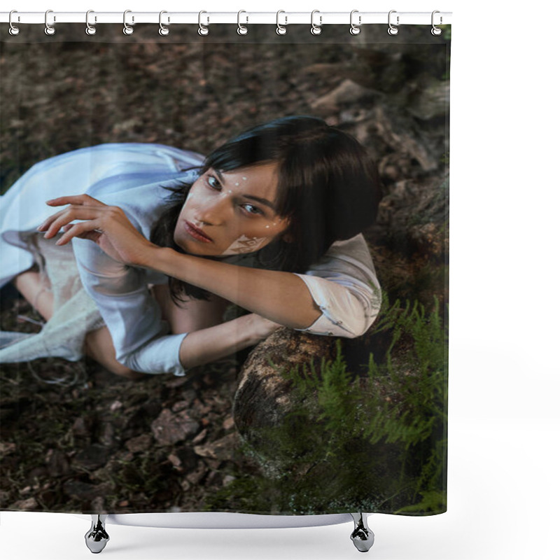 Personality  A Woman Dressed In Flowing White Poses Amidst A Swamp. Shower Curtains