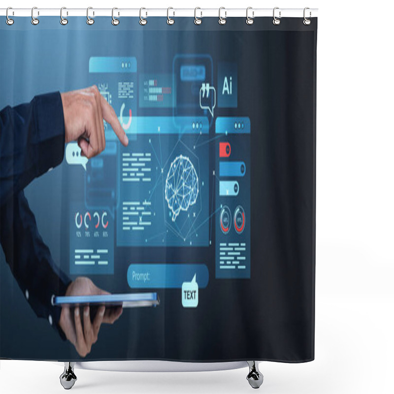 Personality  A Hand Interacts With A Holographic AI Interface, Displaying Data, Brain Graphics, Charts, And Prompts On A Dark Background, Symbolizing Tech Shower Curtains