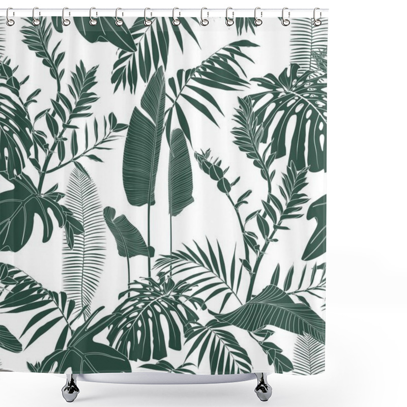 Personality  Elegant Seamless Pattern With Green Hand Drawn Line Tropical Leaves And Flowers. Floral Pattern For Invitations, Greeting Cards, Scrapbooking, Print, Gift Wrap, Manufacturing. White Background. Shower Curtains