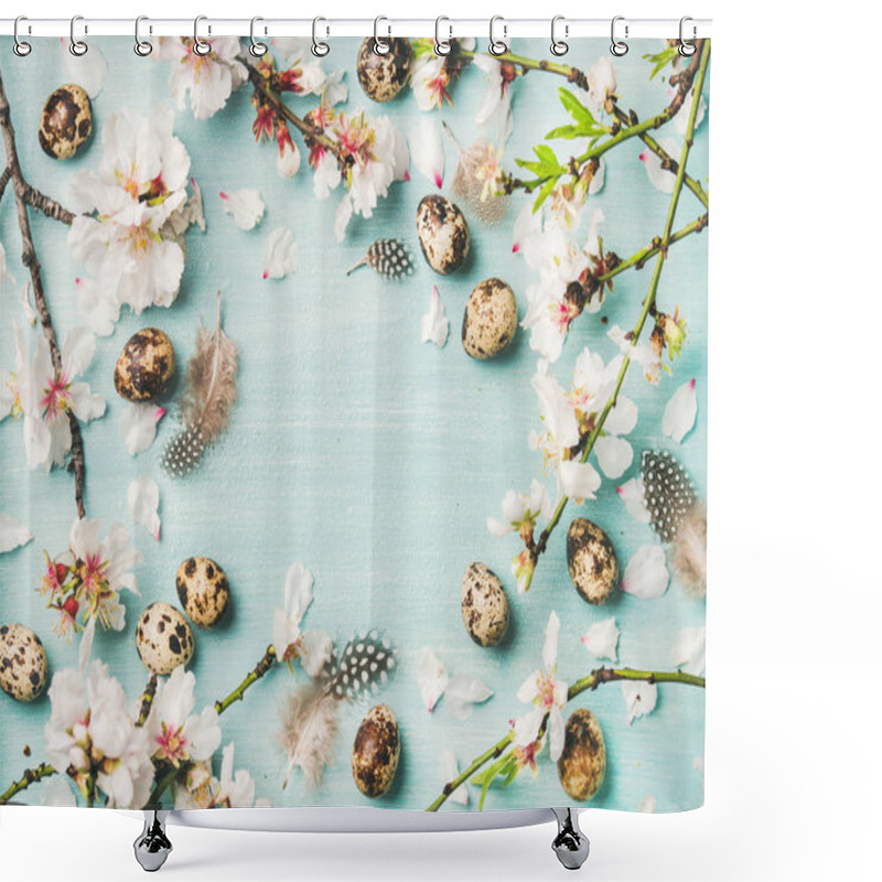 Personality  Easter Holiday Background. Flat-lay Of Tender Spring Almond Blossom Flowers On Branches, Birds Feathers And Quail Eggs Over Light Blue Background, Top View, Copy Space. Greeting Card Concept Shower Curtains