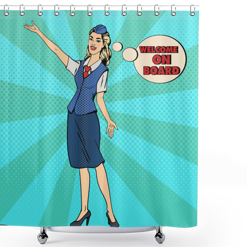 Personality  Pop Art Stewardess. Airplane Tourism. Stewardess Welcomes On Board. Vector Illustration Shower Curtains