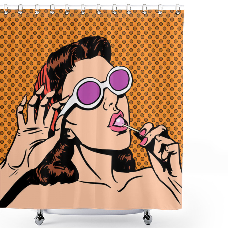 Personality  Sunday Girl Sunbathes On The Beach In Sunglasses Eating A Lollip Shower Curtains