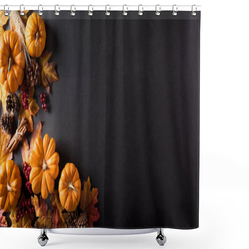 Personality  Thanksgiving Background Decoration From Dry Leaves,red Berries And Pumpkin On Blackboard Background. Flat Lay, Top View With Copy Space For Autumn, Fall, Thanksgiving Concept. Shower Curtains