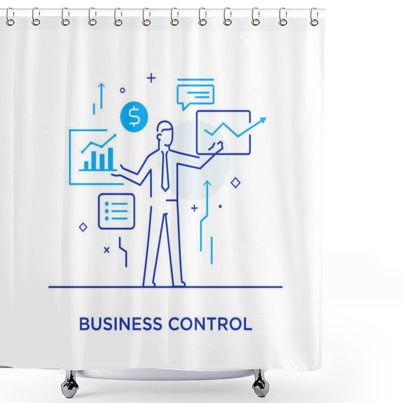 Personality  Businessman Controls The Interface Of Monitors. Workflow, Growth, Graphics. Business Development, Milestones, Start-up. Linear Illustration Icons Infographics. Landing Page Site Print Poster. Line Shower Curtains