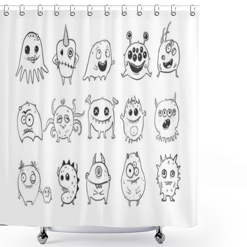 Personality  Collection Of Cute Doodle Monsters On White Background Shower Curtains