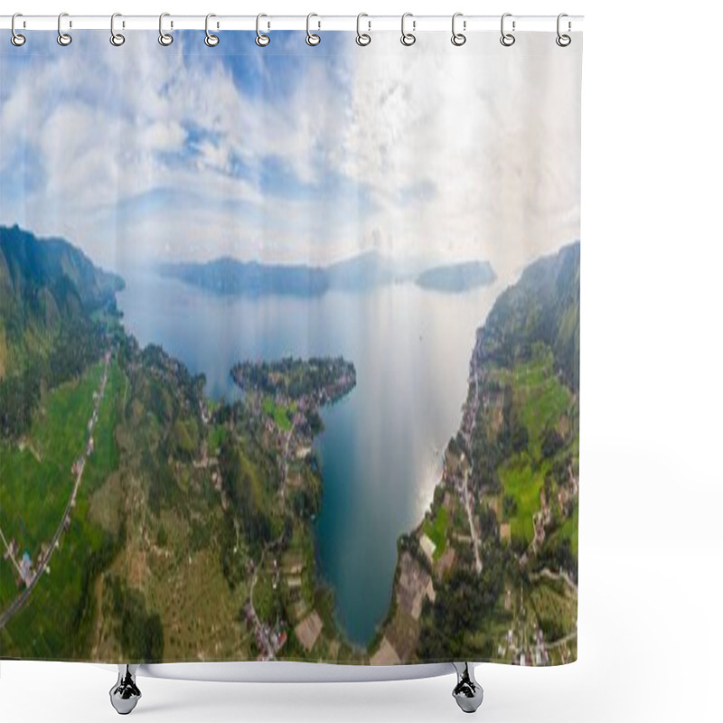 Personality  Aerial: Lake Toba And Samosir Island View From Above Sumatra Indonesia. Huge Volcanic Caldera Covered By Water, Traditional Batak Villages, Green Rice Paddies, Equatorial Forest. Shower Curtains