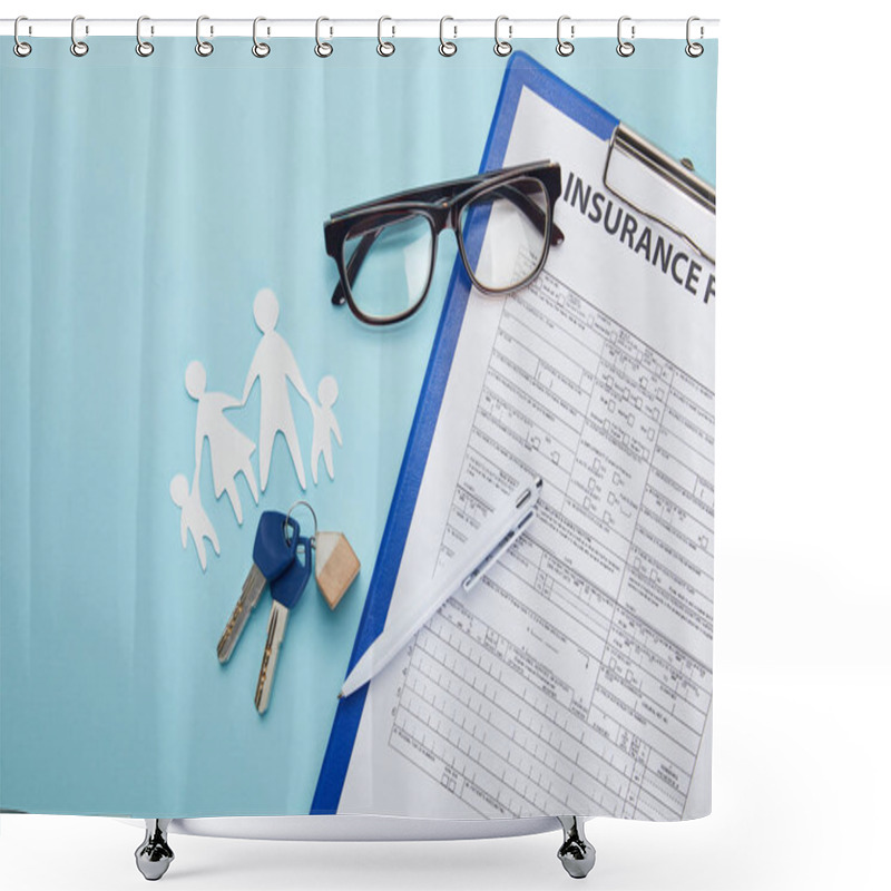 Personality  Top View Of Insurance Form, Pen, Paper Cut Family And Keys Isolated On Blue   Shower Curtains