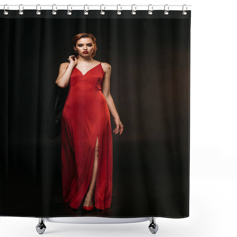 Personality  Attractive Girl In Red Dress Holding Black Jacket And Walking Isolated On Black Shower Curtains