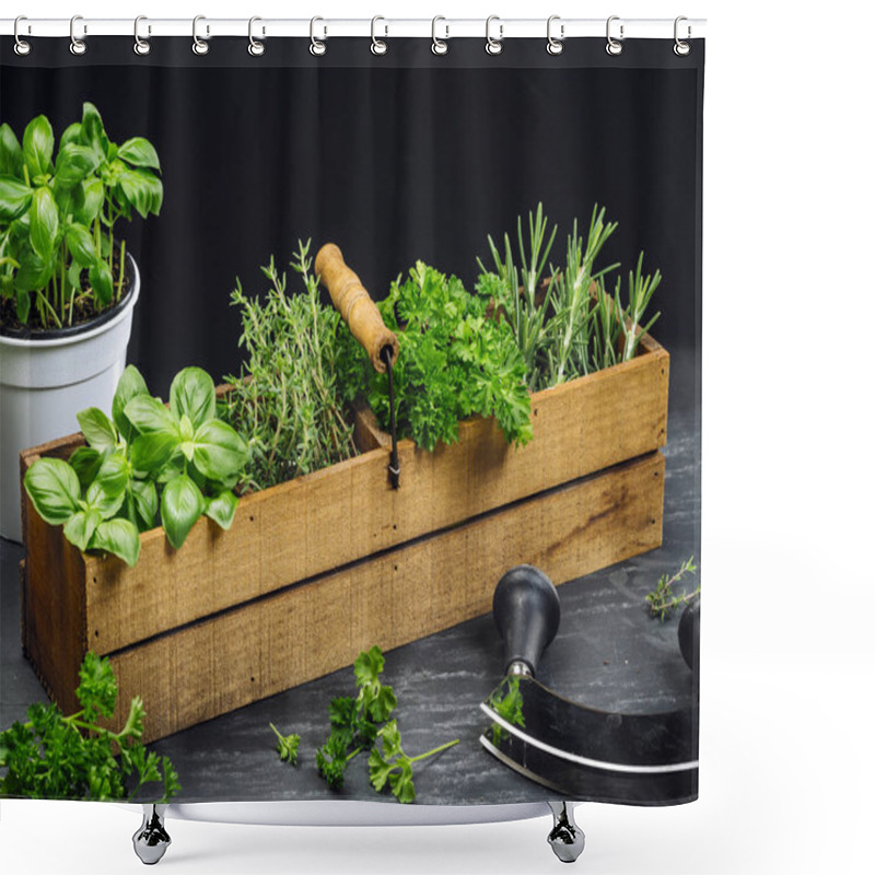 Personality  Photo Of Basil, Rosemary, Thyme, And Parsley In An Old Wooden Box On A Table. Shower Curtains