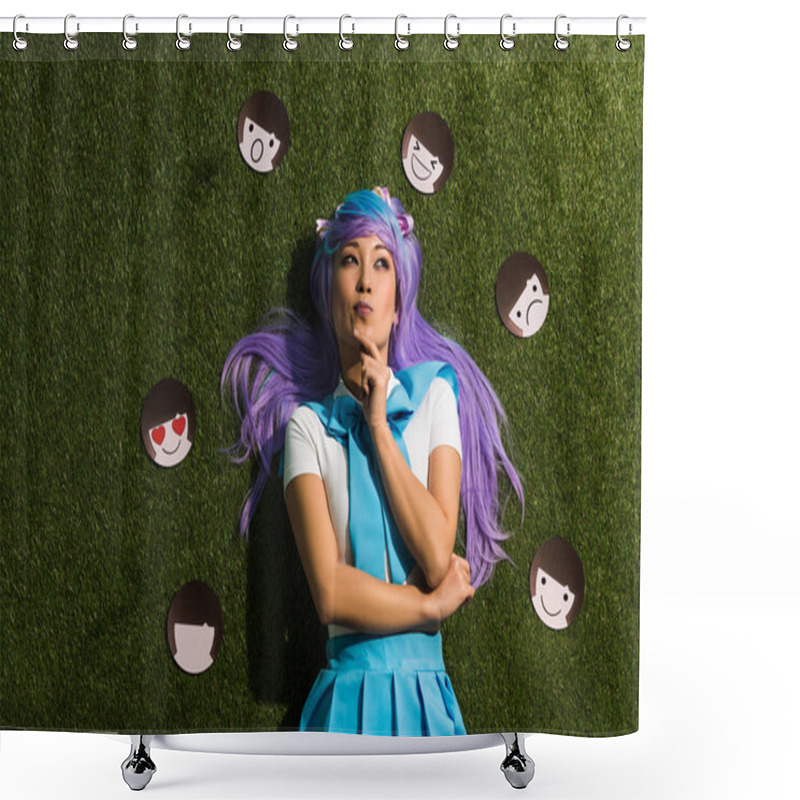 Personality  Pensive Asian Anime Girl In Purple Wig With Emoticons Lying On Grass Shower Curtains