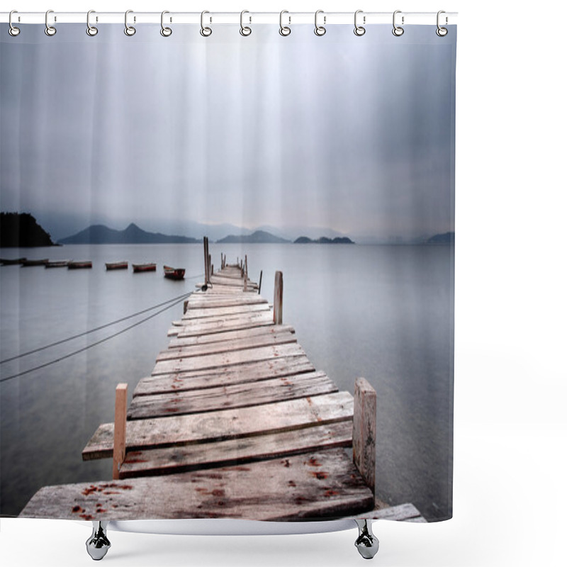 Personality  Looking Over A Pier And A Boat Shower Curtains